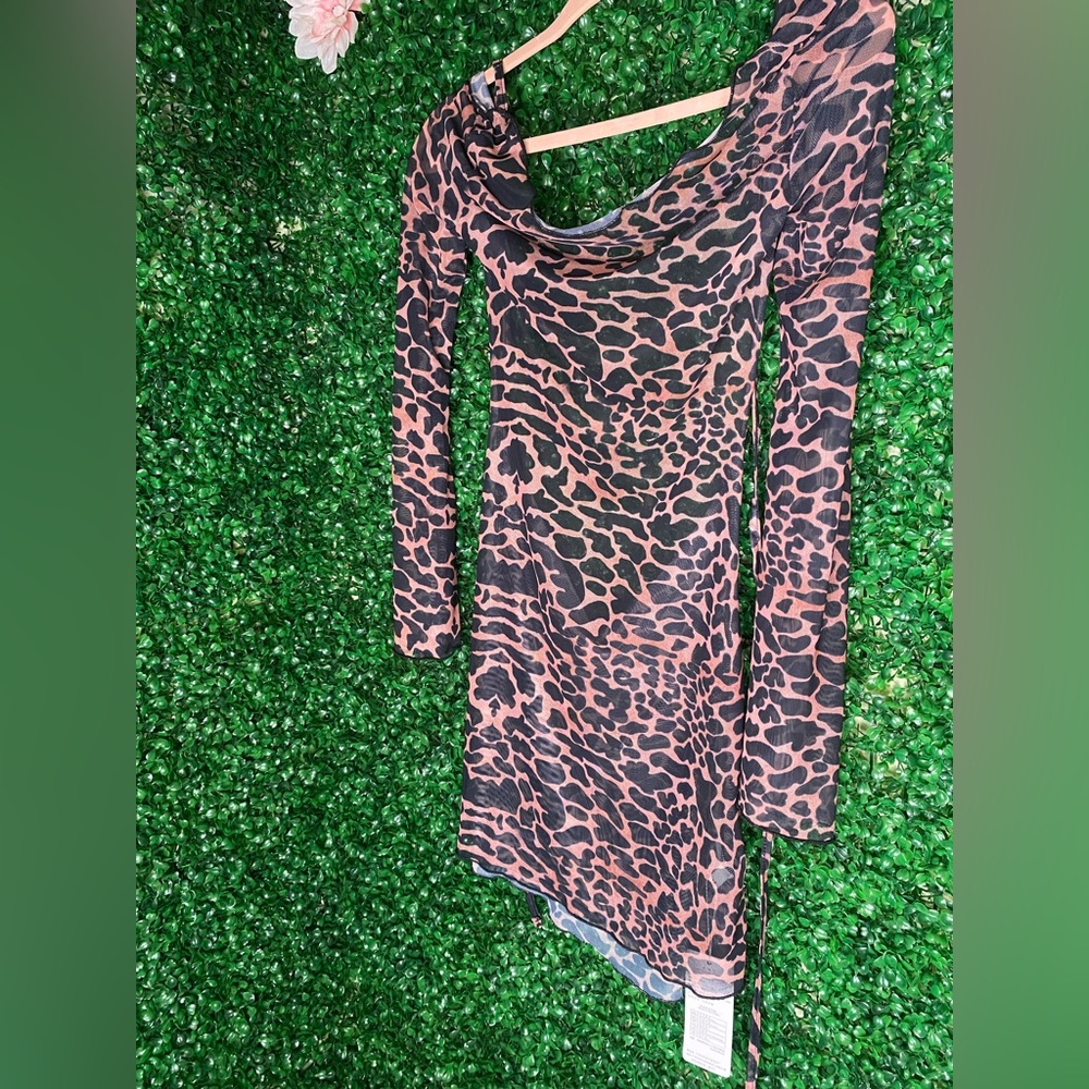 Leopard Print Long Sleeve Mini Backless Dress